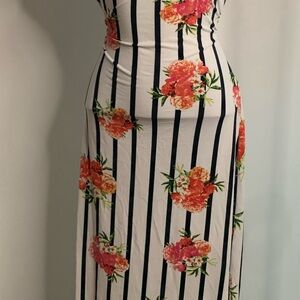 Striped Floral Maxi Dress - White, Black & Coral